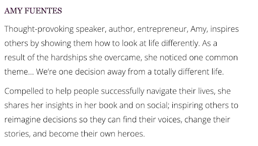 Conference Speaker Bio Example: Amy Fuentes