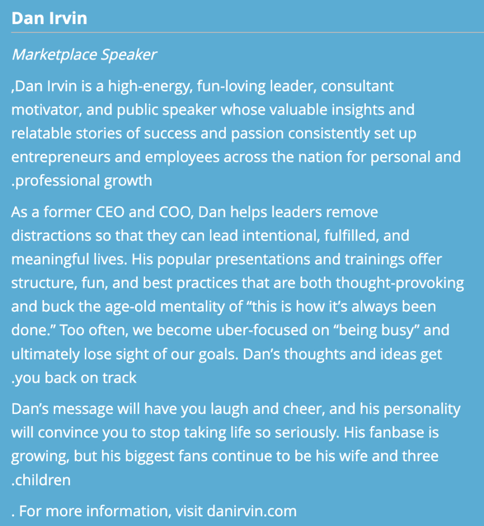 Conference Speaker Bio Example: Dan Irvin