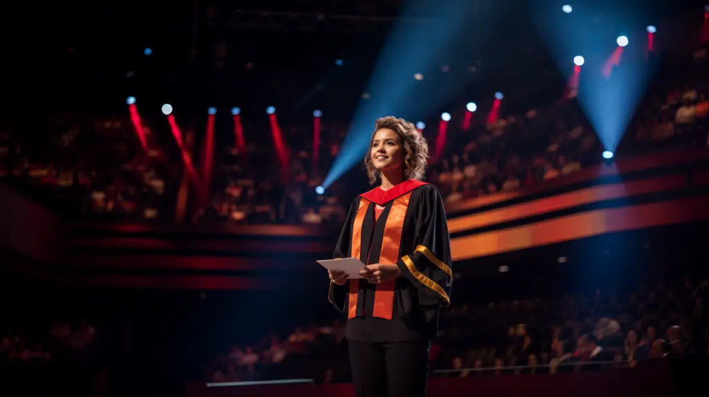 a woman stands on stage delivering her graduation speech